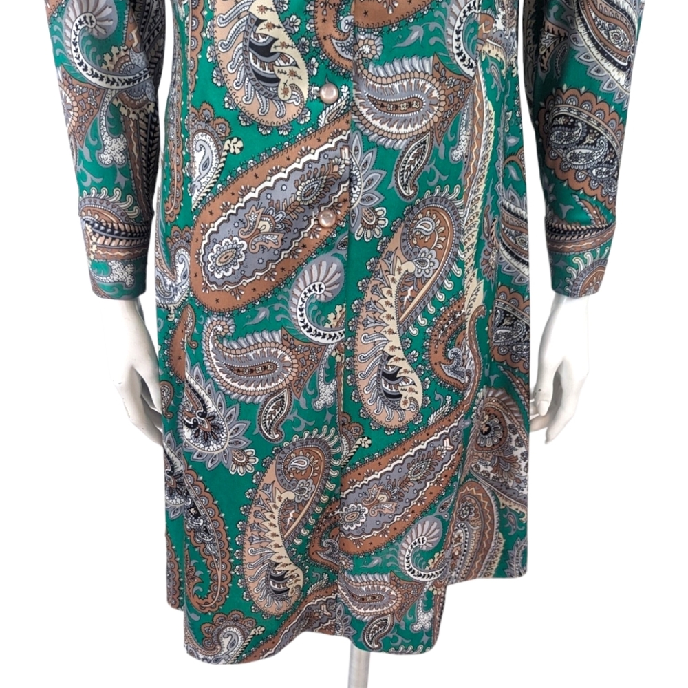 Vintage 70s 60s Paisley Shirt Dress Womens Large Polyester Green Shift - Picture 7 of 13